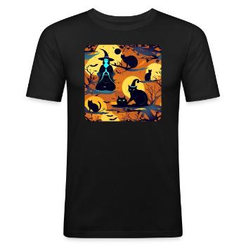 Halloween Witch with Black Cats + Bats - Men's Slim Fit T-Shirt - black - Front - Nik (191cm)