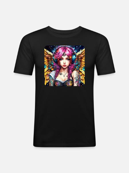 Cooler Cyberpunk Engel mit Kopfhörer - Männer Slim Fit T-Shirt - Schwarz