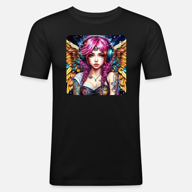 Cooler Cyberpunk Engel mit Kopfhörer - Männer Slim Fit T-Shirt - Schwarz