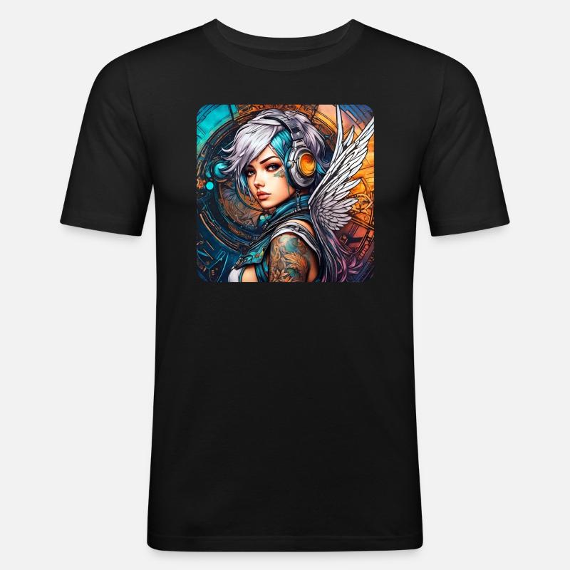Cooler Cyberpunk Engel mit Kopfhörer - Männer Slim Fit T-Shirt - Schwarz