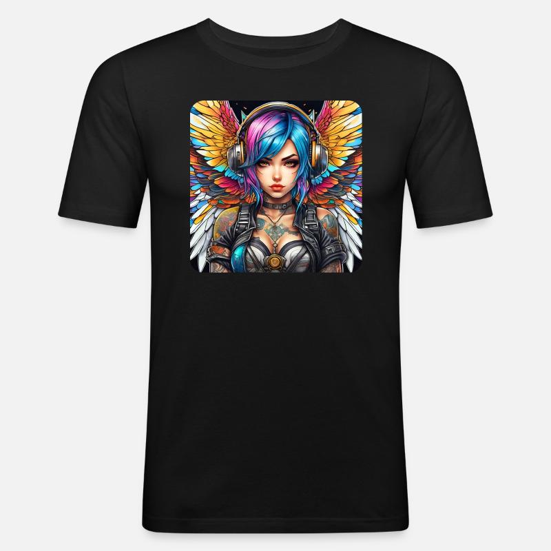 Cooler Cyberpunk Engel mit Kopfhörer - Männer Slim Fit T-Shirt - Schwarz