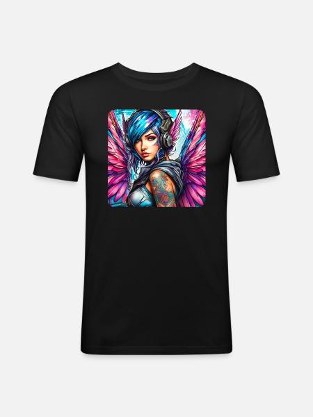 Cool cyberpunk angel with headphones - Men's Slim Fit T-Shirt - black