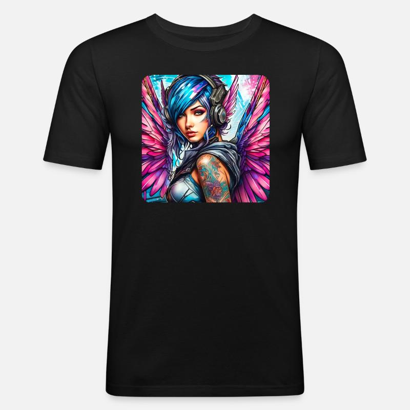 Cooler Cyberpunk Engel mit Kopfhörer - Männer Slim Fit T-Shirt - Schwarz