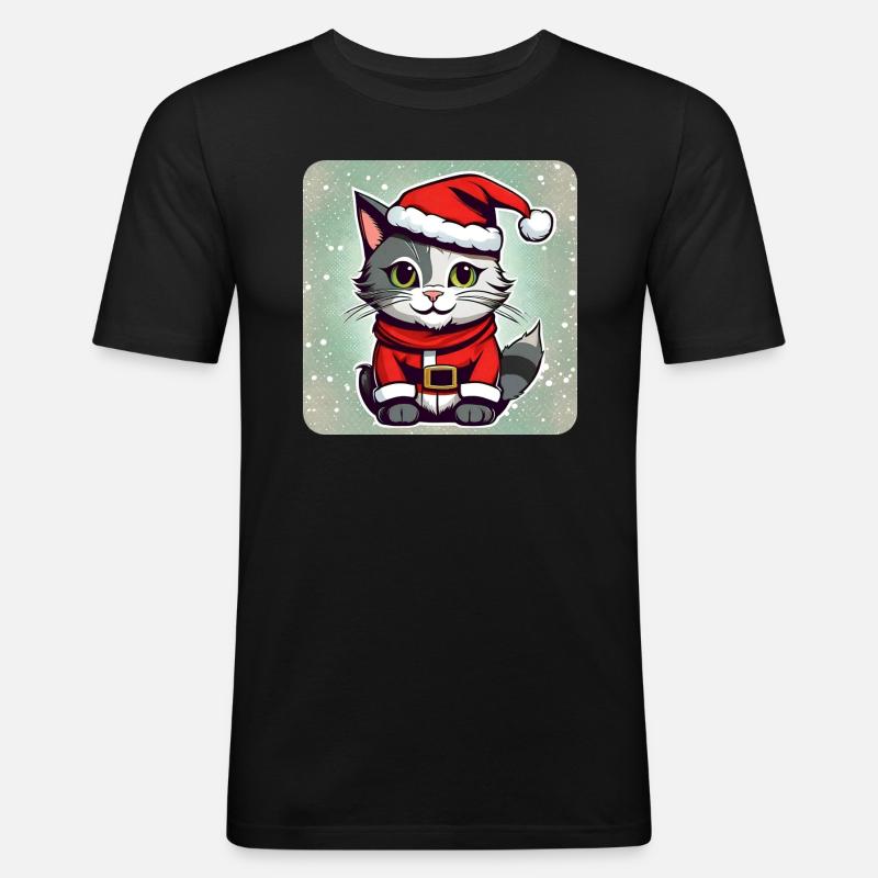 Chat de Noël mignon - T-shirt près du corps Homme - noir