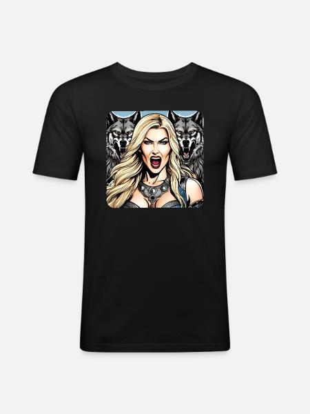 Viking Shield Maiden with Wolves - Men's Slim Fit T-Shirt - black