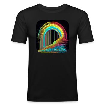 Psychedelisches Motiv Berge mit Regenbogen - Männer Slim Fit T-Shirt - Schwarz - Vorne - Nik (191cm)