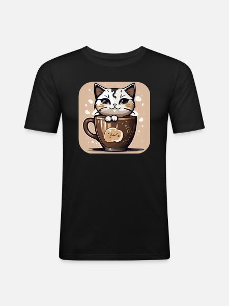Niedliche Kaffee Katze - Männer Slim Fit T-Shirt - Schwarz
