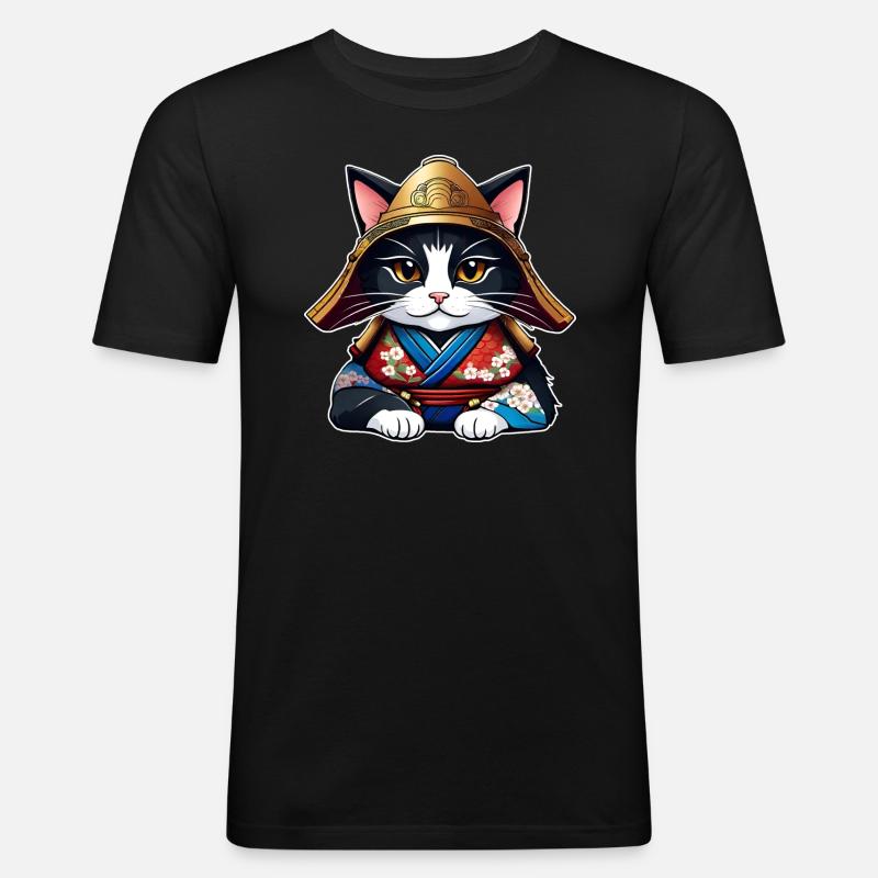 Niedliche Samurai Katze - Männer Slim Fit T-Shirt - Schwarz
