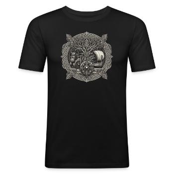 Wikinger Odin Wikingerschiff Lebensbaum - Männer Slim Fit T-Shirt - Schwarz - Vorne - Nik (191cm)