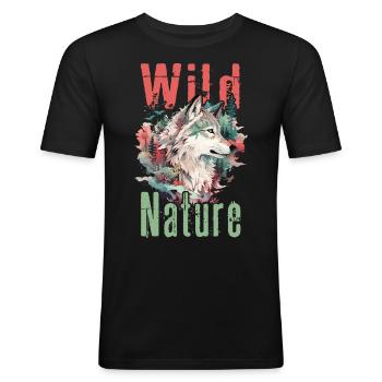 Wolf Wolfskopf Wald Natur Berge Wildnis Bunt - Männer Slim Fit T-Shirt - Schwarz - Vorne - Nik (191cm)