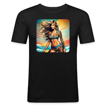Jolie surfeuse fille sur la plage avec coucher de soleil - T-shirt près du corps Homme - noir - Devant - Nik (191cm)