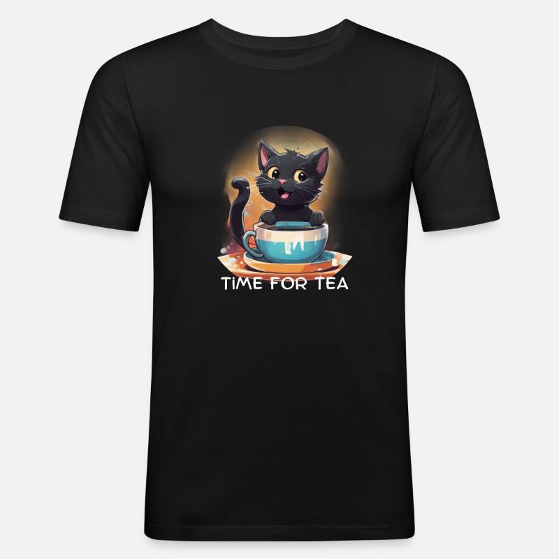 Katze mit Kaffee - Männer Slim Fit T-Shirt - Schwarz