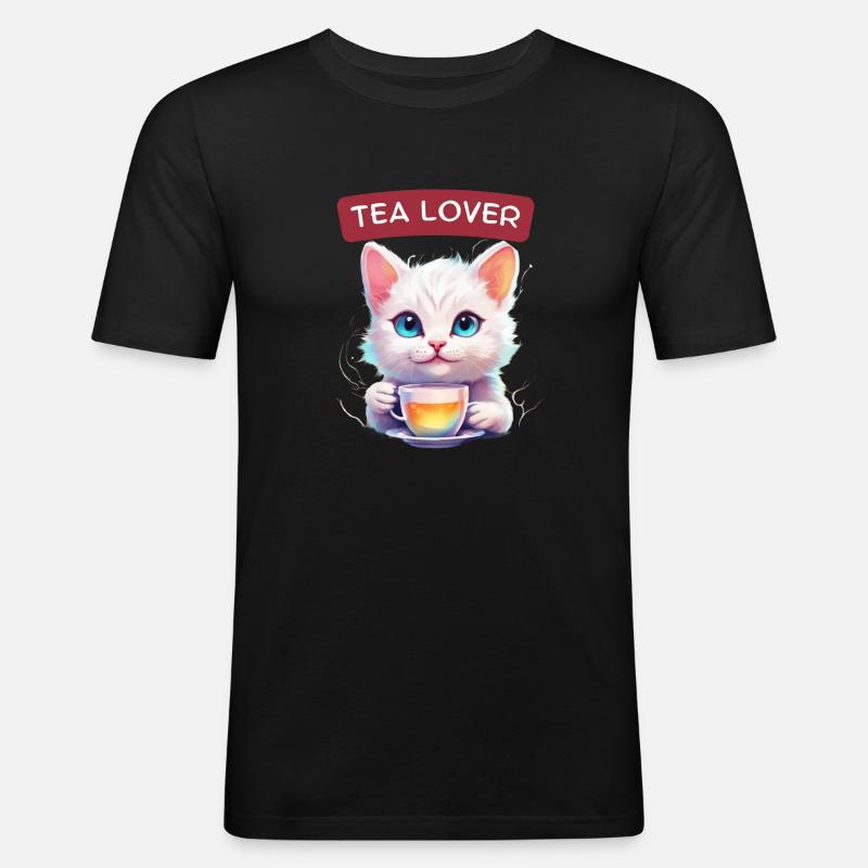 Katze mit Tee - Männer Slim Fit T-Shirt - Schwarz