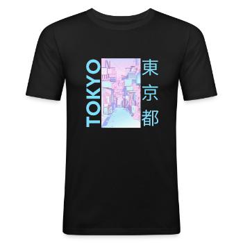 Tokyo Japan, Blau - Männer Slim Fit T-Shirt - Schwarz - Vorne - Nik (191cm)