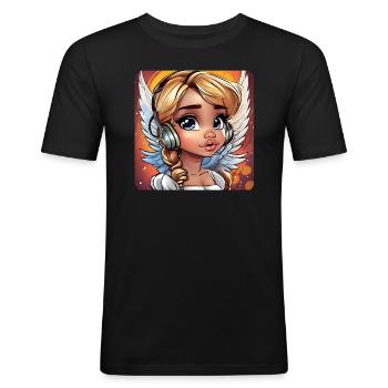 Ange mignon avec des écouteurs - T-shirt près du corps Homme - noir - Devant - Nik (191cm)
