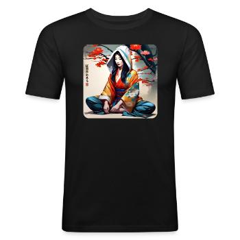 Geisha in Buddha Position - Männer Slim Fit T-Shirt - Schwarz - Vorne - Nik (191cm)