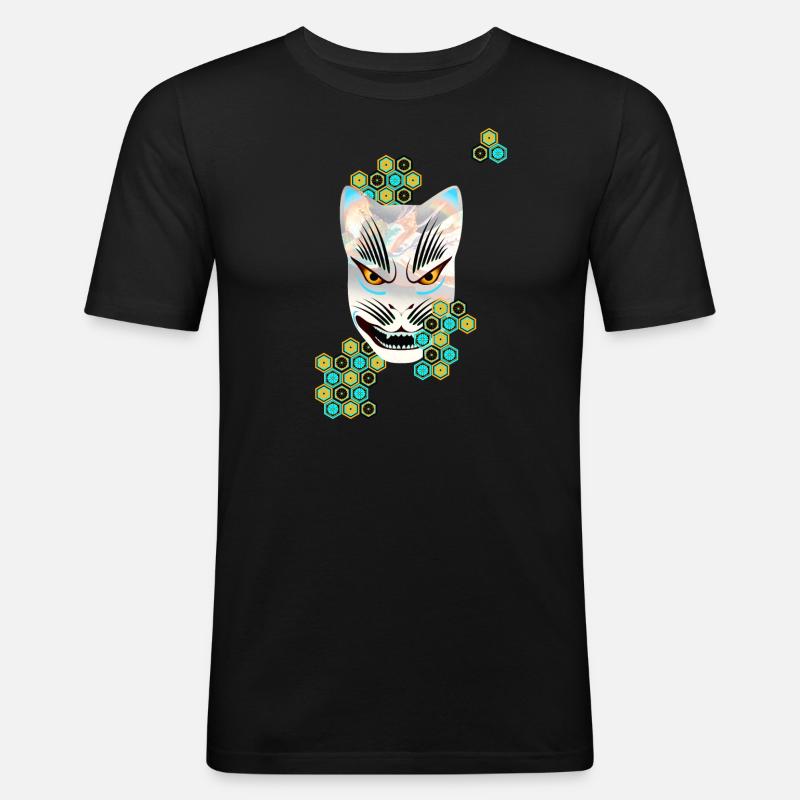 Kitsune Fuchs Geist - Männer Slim Fit T-Shirt - Schwarz