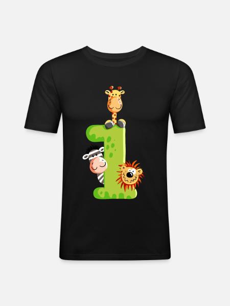 First Birthday - One - Number - Animals - Men's Slim Fit T-Shirt - black