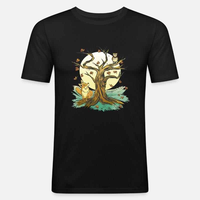 Fuchs Eule Wald Camping Tiere - Männer Slim Fit T-Shirt - Schwarz