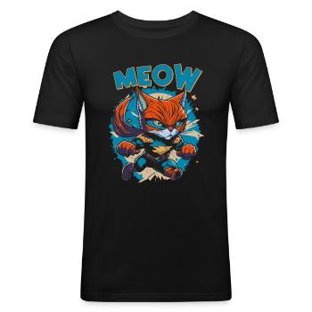 Meow - Coole Cartoon Superheldenkatze - Männer Slim Fit T-Shirt - Schwarz - Vorne - Nik (191cm)
