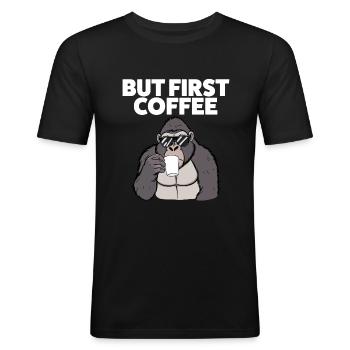 Gorilla und Kaffee – Erstmal wach werden - Männer Slim Fit T-Shirt - Schwarz - Vorne - Nik (191cm)