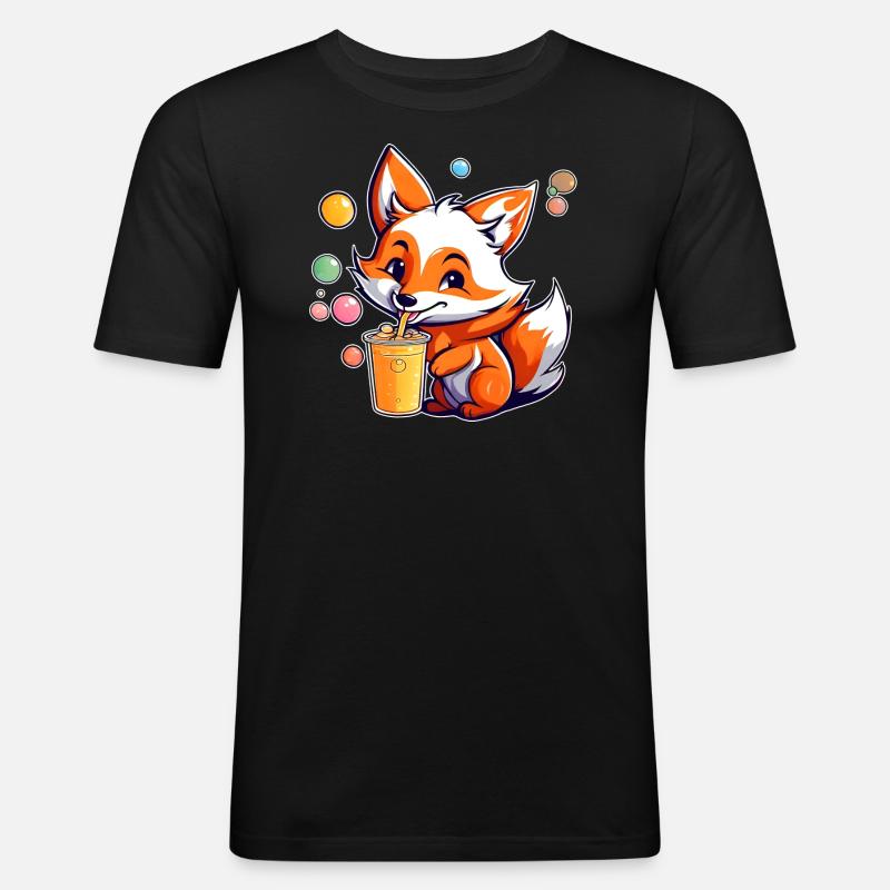 Niedlicher Fuchs mit Bubble Tea - Männer Slim Fit T-Shirt - Schwarz