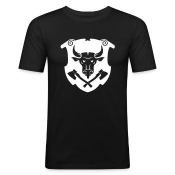 Stierkopf Bullenkopf Logo Wappenform - Männer Slim Fit T-Shirt - Schwarz - Vorne - Nik (191cm)