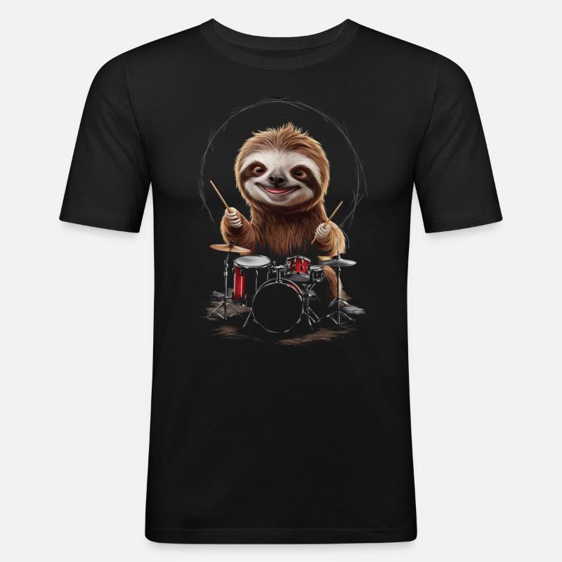 Faultier Schlagzeug - Männer Slim Fit T-Shirt - Schwarz