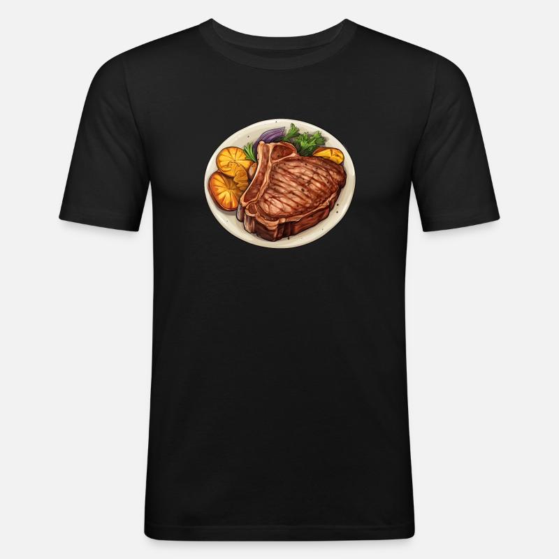 Steak Fleisch Essen - Männer Slim Fit T-Shirt - Schwarz
