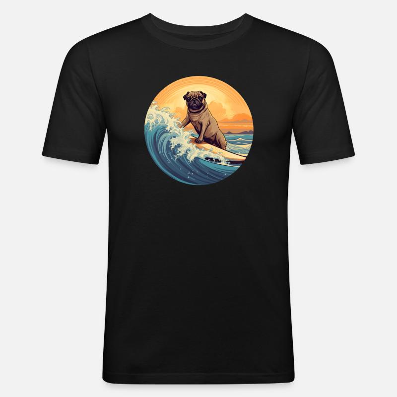 Mops Surfer - Männer Slim Fit T-Shirt - Schwarz