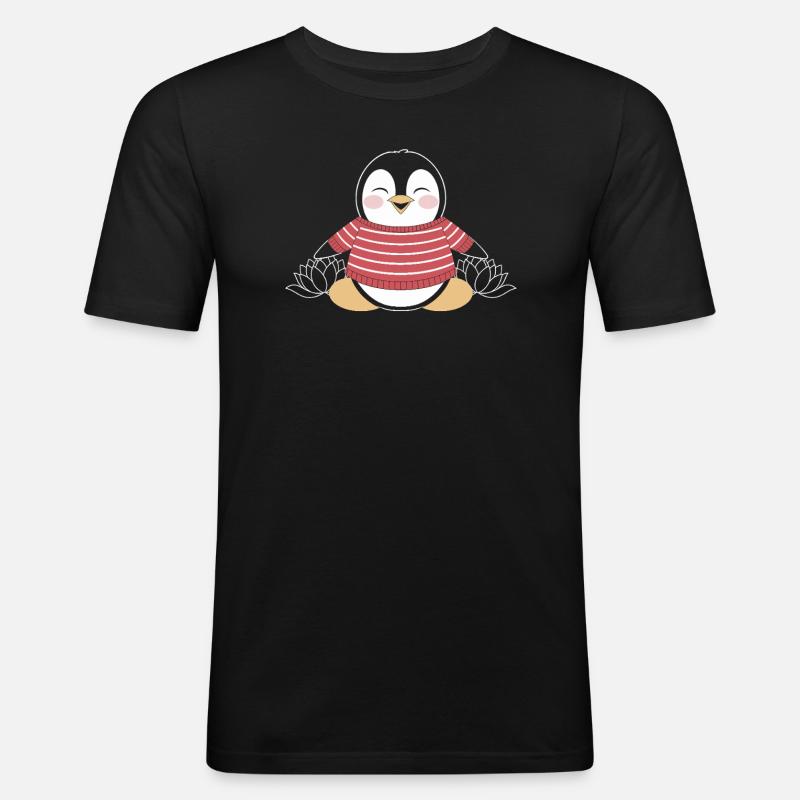 Meditierender Pinguin im Streifenpullover - Männer Slim Fit T-Shirt - Schwarz