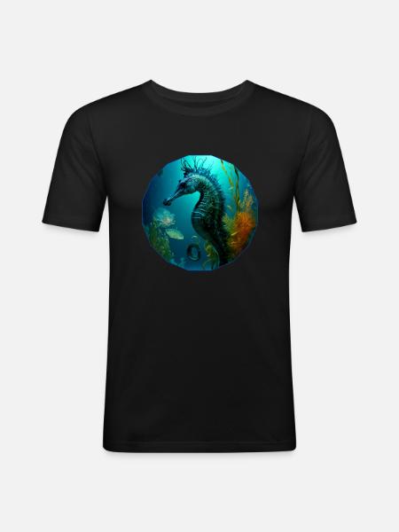 Fantasy Ocean, Großes Seepferdchen - Männer Slim Fit T-Shirt - Schwarz
