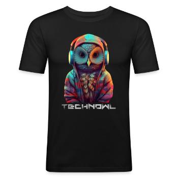 Technowl DJ Party Eule Nachteule Techno Tier - Männer Slim Fit T-Shirt - Schwarz - Vorne - Nik (191cm)