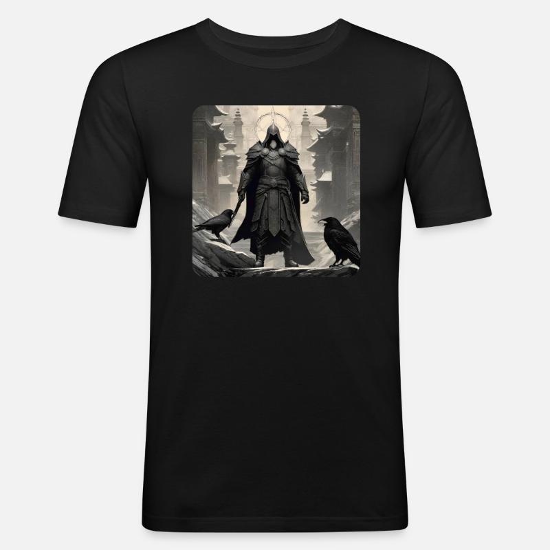 Stolzer düsterer Ritter mit Raben - Männer Slim Fit T-Shirt - Schwarz