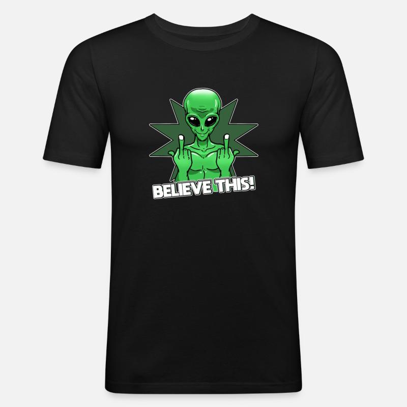 Alien Mittelfinger Glaube Es - Männer Slim Fit T-Shirt - Schwarz
