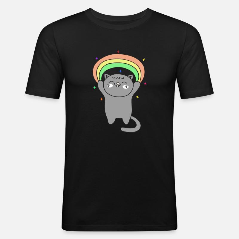 Süße Katze mit Regenbogen - Männer Slim Fit T-Shirt - Schwarz