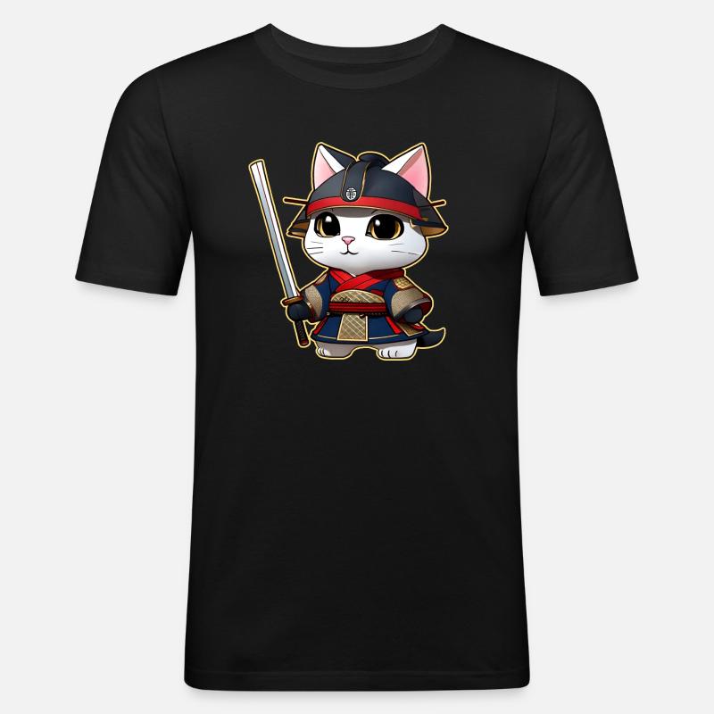 Niedliche Samurai Katze - Männer Slim Fit T-Shirt - Schwarz