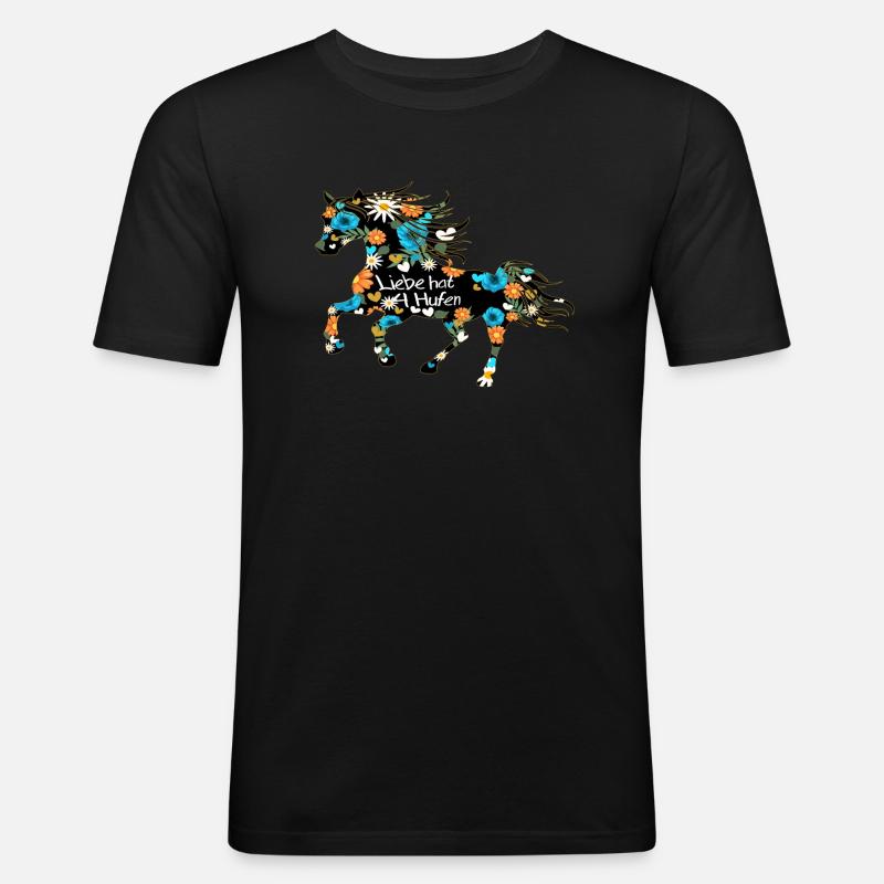 Haflinger Pferd mit Blumen und Herzen - Männer Slim Fit T-Shirt - Schwarz
