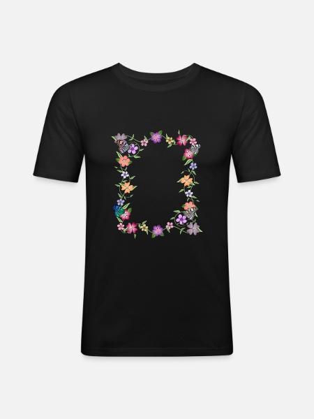 Blumenranke mit Schmetterlingen, Blumen, Insekten - Männer Slim Fit T-Shirt - Schwarz