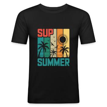 SUP été - Palmiers & Plage - T-shirt près du corps Homme - noir - Devant - Nik (191cm)