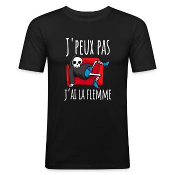 J'Peux Pas J'ai la Flemme - T-shirt près du corps Homme - noir - Devant - Nik (191cm)