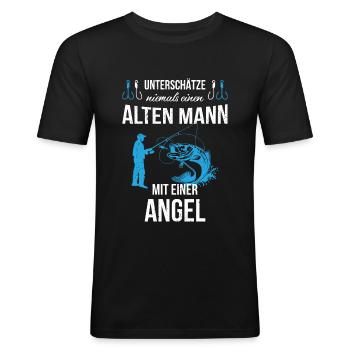 Unterschätze niemals einen alten Mann mit Angel - Männer Slim Fit T-Shirt - Schwarz - Vorne - Nik (191cm)