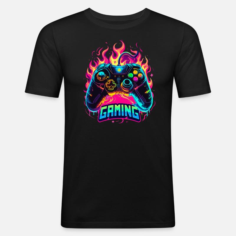 Gaming Controller Flammen Kunst - Männer Slim Fit T-Shirt - Schwarz