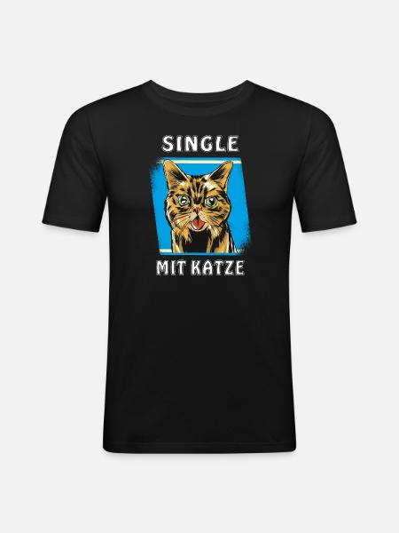 SINGLE MIT KATZE - Männer Slim Fit T-Shirt - Schwarz