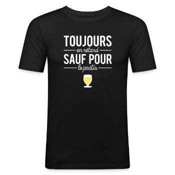 Toujours En Retard Sauf Pour Le Pastis Humour - T-shirt près du corps Homme - noir - Devant - Nik (191cm)