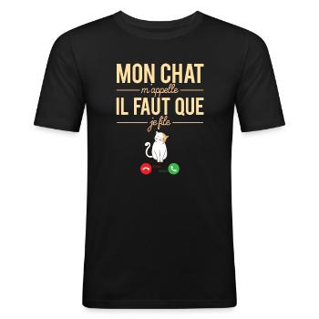 Mon Chat M'Appelle Blague Propriétaire Chat Humour - T-shirt près du corps Homme - noir - Devant - Nik (191cm)