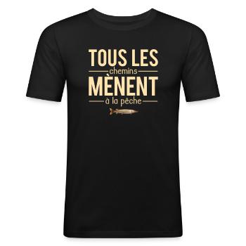 Tous les chemins mènent à la pêche blague pêcheur - T-shirt près du corps Homme - noir - Devant - Nik (191cm)