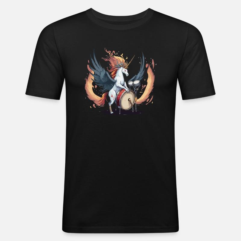 Einhorn am Schlagzeug - Männer Slim Fit T-Shirt - Schwarz