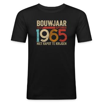 Bouwjaar september 1965 niet kapot te krijgen - Mannen slim fit T-shirt - zwart - Voor - Nik (191cm)