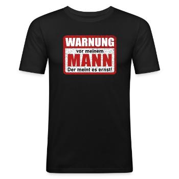 Warnung vor meinem Mann Lustiger Spruch - Männer Slim Fit T-Shirt - Schwarz - Vorne - Nik (191cm)